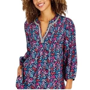 Charter Club Luxury ~ Floral Linen Tunic Top XL Beaded Rhinestone Neckline